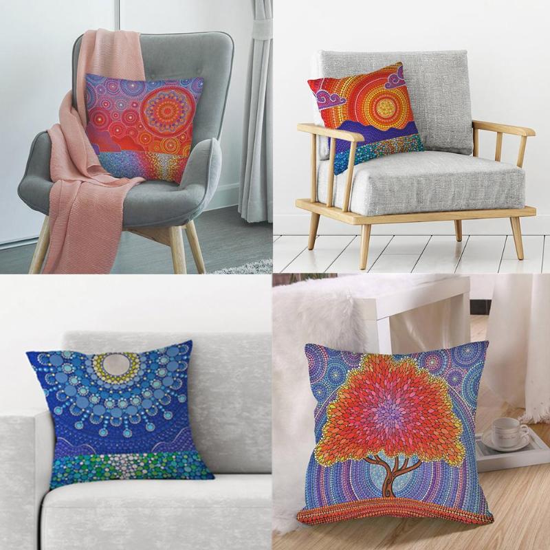 Round Pattern Printed Linen Throw Pillow Case Sofa Car Waist Cushion Cover - ebowsos