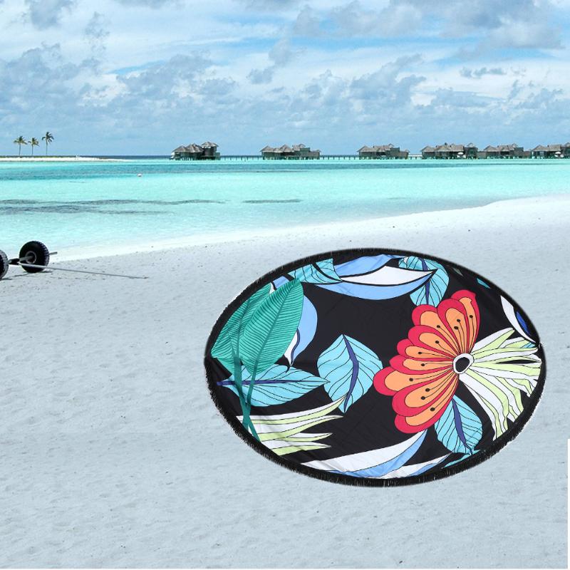 Round Print Tassel 150 cm Dia. Polyester Yoga Beach Mat Towels (Black) - ebowsos