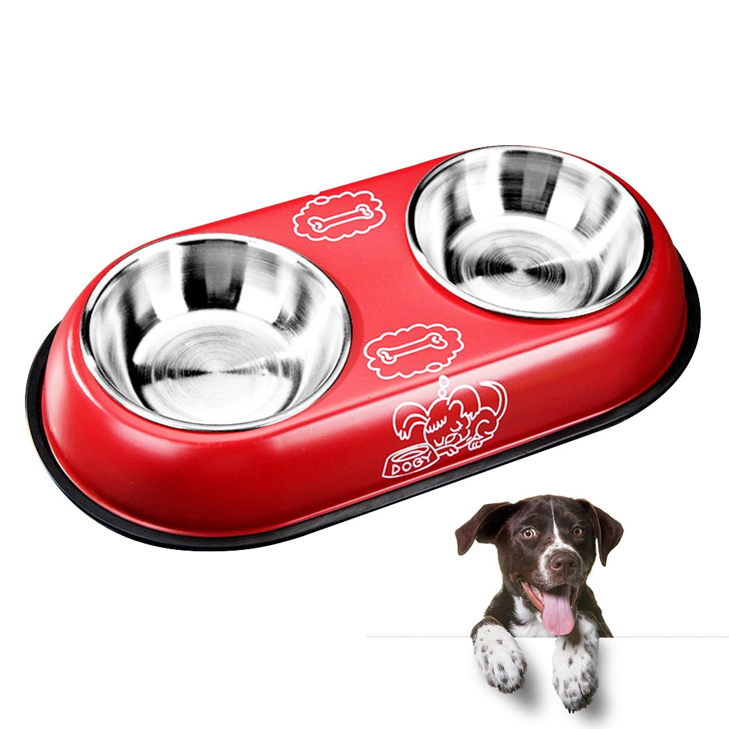 Safety Cartoon Stainless Steel Pet Teddy Cat Double Bowl Antiskid Stainless Steel Pet Feeder Bowl Pet Food Bowl For Dogs Cats-ebowsos