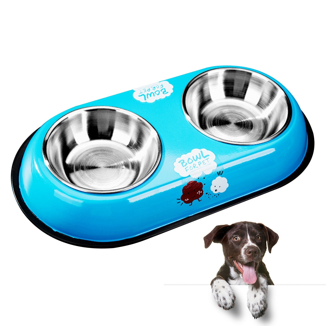 Safety Cartoon Stainless Steel Pet Teddy Cat Double Bowl Antiskid Stainless Steel Pet Feeder Bowl Pet Food Bowl For Dogs Cats-ebowsos