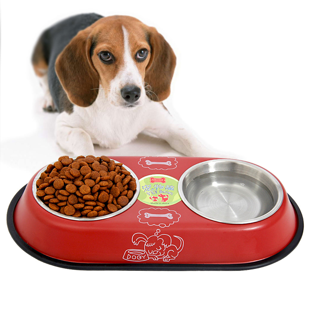 Safety Cartoon Stainless Steel Pet Teddy Cat Double Bowl Antiskid Stainless Steel Pet Feeder Bowl Pet Food Bowl For Dogs Cats-ebowsos