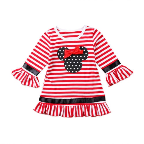 Sale Casual Toddler Kids Girl Christmas Dresses Flare Sleeve Bow Stripe Mini Party Tutu Dress Clothes 1-6Y Red - ebowsos