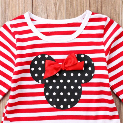 Sale Casual Toddler Kids Girl Christmas Dresses Flare Sleeve Bow Stripe Mini Party Tutu Dress Clothes 1-6Y Red - ebowsos