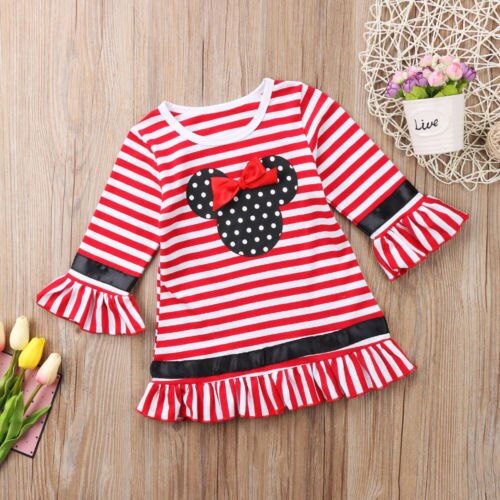 Sale Casual Toddler Kids Girl Christmas Dresses Flare Sleeve Bow Stripe Mini Party Tutu Dress Clothes 1-6Y Red - ebowsos