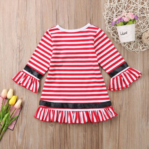 Sale Casual Toddler Kids Girl Christmas Dresses Flare Sleeve Bow Stripe Mini Party Tutu Dress Clothes 1-6Y Red - ebowsos