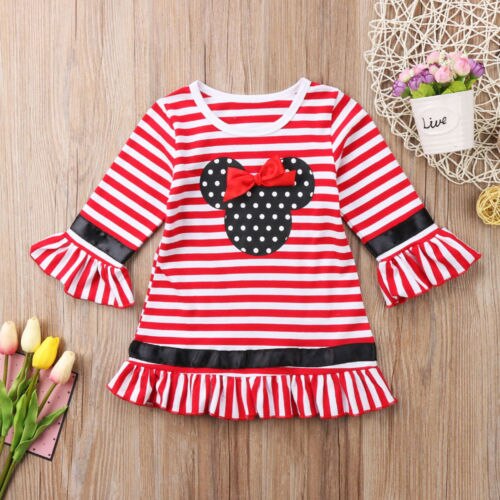 Sale Casual Toddler Kids Girl Christmas Dresses Flare Sleeve Bow Stripe Mini Party Tutu Dress Clothes 1-6Y Red - ebowsos