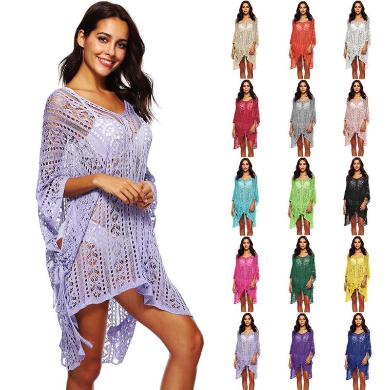 Sexy Summer Swimwear Beach Women Cover Ups Strapless Mesh Hollow Out V-Neck Plus Size Bikini See-through Beach Shirts Blusas-ebowsos