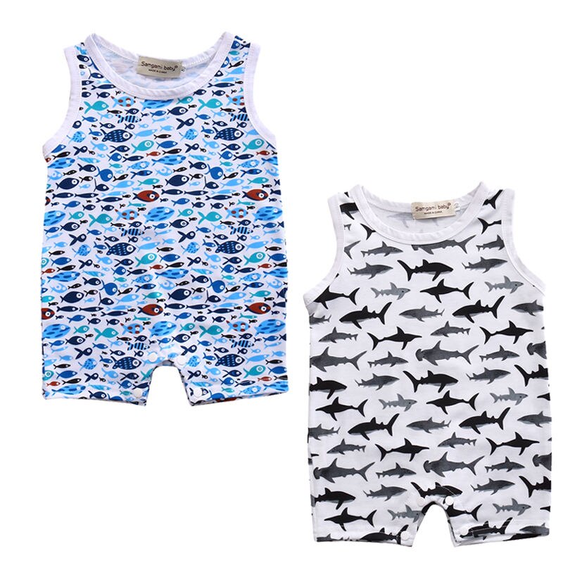 Shark Pattern Newborn Baby Boy Girl  Romper sleeveless Jumpsuit Clothes Outfits - ebowsos