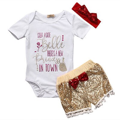 Shiny Sequins Newborn Toddler Infant Baby Boys Girls Outfits Clothes Romper Tops Pants Bow 3PCS Set - ebowsos