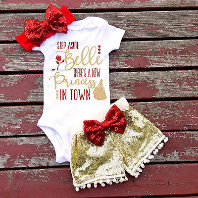 Shiny Sequins Newborn Toddler Infant Baby Boys Girls Outfits Clothes Romper Tops Pants Bow 3PCS Set - ebowsos