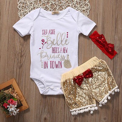 Shiny Sequins Newborn Toddler Infant Baby Boys Girls Outfits Clothes Romper Tops Pants Bow 3PCS Set - ebowsos