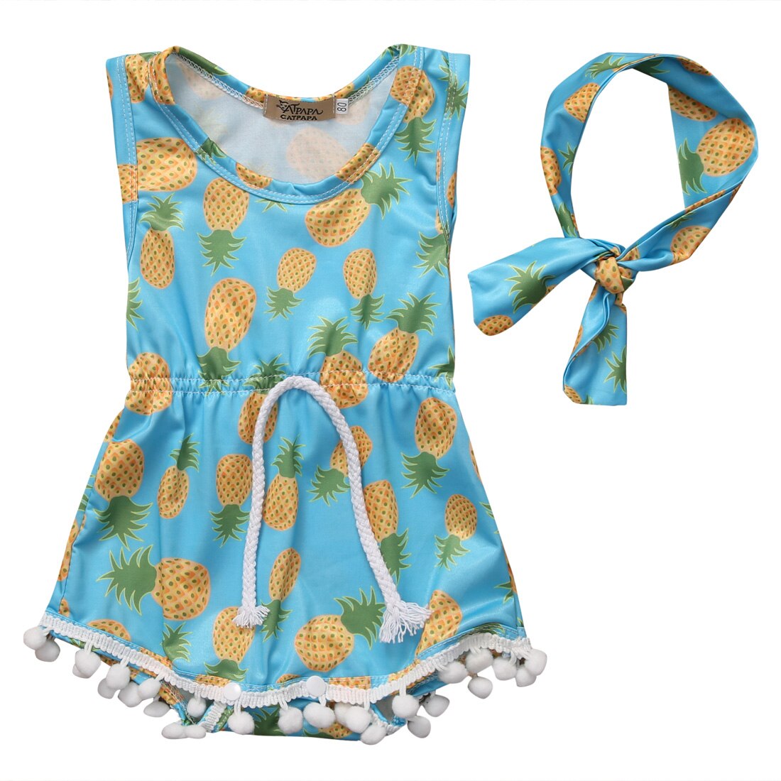 Sky bule Summer Newborn Baby Kids Girl Pineapple  Bodysuit Jumpusit Headband Clothes 0-24M - ebowsos