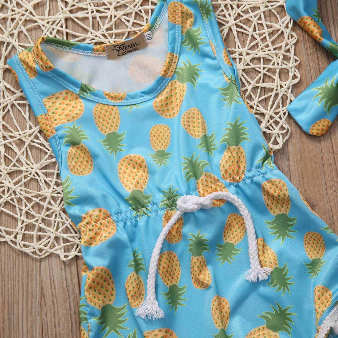 Sky bule Summer Newborn Baby Kids Girl Pineapple  Bodysuit Jumpusit Headband Clothes 0-24M - ebowsos