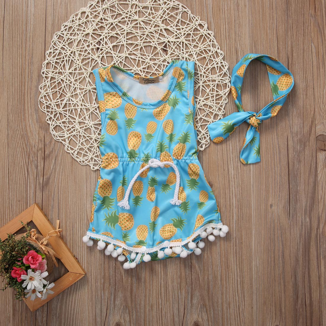 Sky bule Summer Newborn Baby Kids Girl Pineapple  Bodysuit Jumpusit Headband Clothes 0-24M - ebowsos