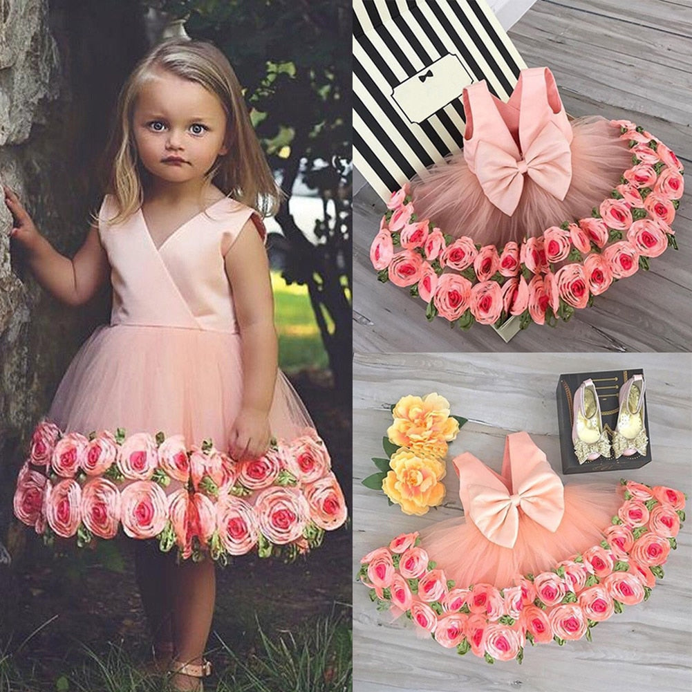 Sleeveless Rose Flower Girl Dress Summer Baby Dress Kid Princess Bowknot Dress Elegant Birthday Party Pageant Wedding Dresses - ebowsos