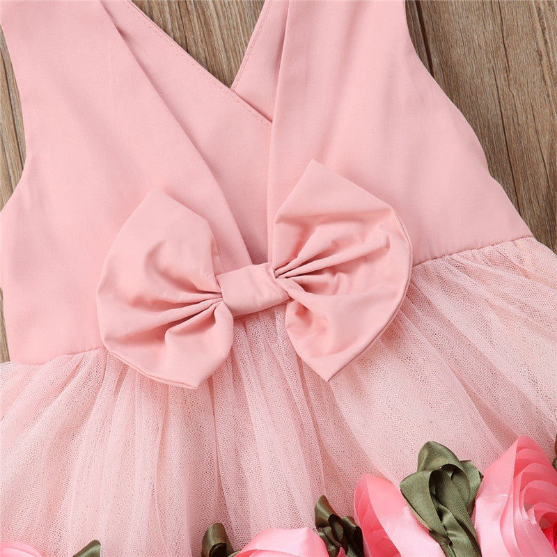 Sleeveless Rose Flower Girl Dress Summer Baby Dress Kid Princess Bowknot Dress Elegant Birthday Party Pageant Wedding Dresses - ebowsos