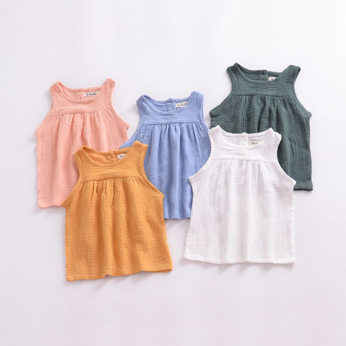 Sleeveless Summer Girls Blouses Vest Tops Linen Casual Baby Girls Solid Shirts for Children Kids Clothing Shirts Dress - ebowsos