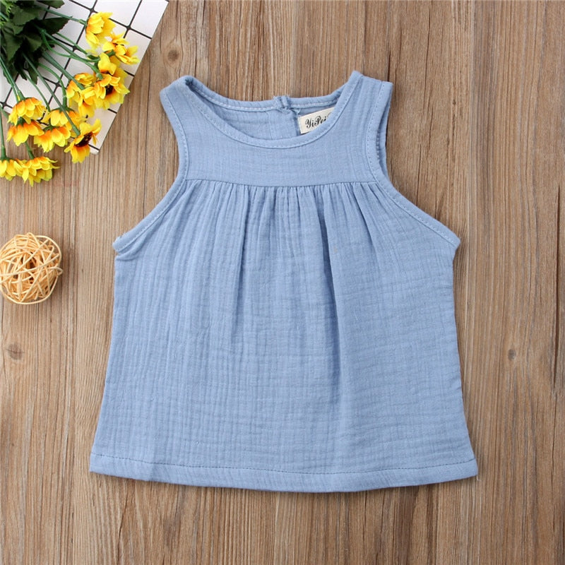 Sleeveless Summer Girls Blouses Vest Tops Linen Casual Baby Girls Solid Shirts for Children Kids Clothing Shirts Dress - ebowsos