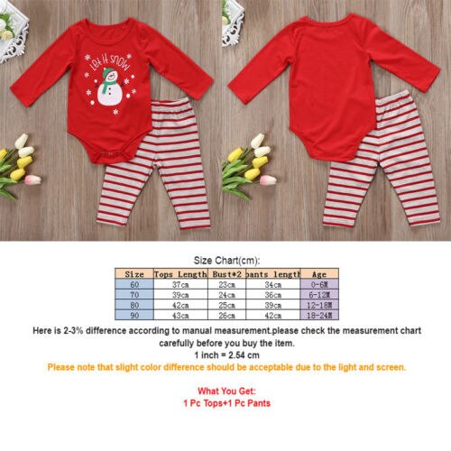 Snowman Baby Boy Girls Long Sleeve Rompers Stripe Pants Xmas 2Pcs Outfits Clothes Red Christmas Kids Cotton Clothing - ebowsos