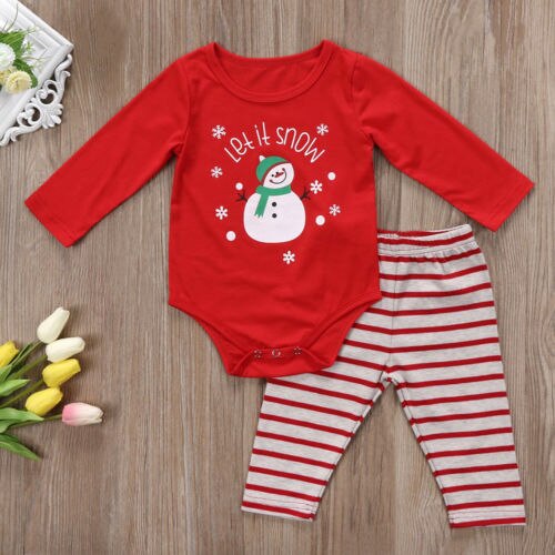 Snowman Baby Boy Girls Long Sleeve Rompers Stripe Pants Xmas 2Pcs Outfits Clothes Red Christmas Kids Cotton Clothing - ebowsos