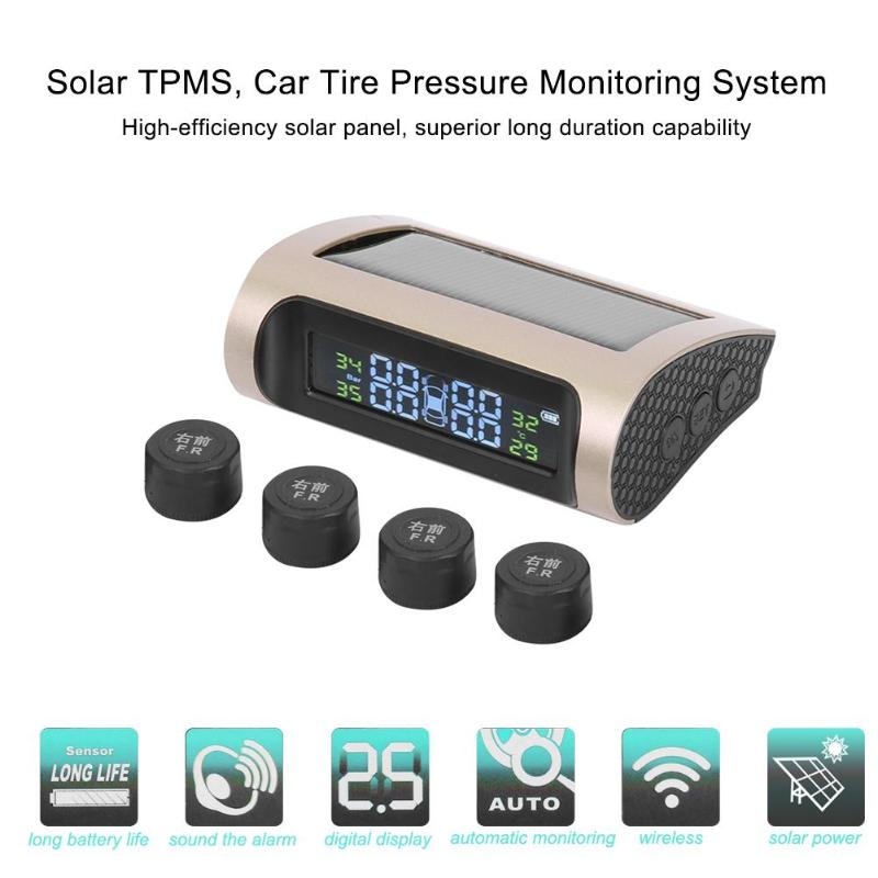 Solar TPMS LCD Display Car Tire Pressure Monitoring System with 4 External/Internal Sensors Auto Security Alarm Systems Tyre - ebowsos