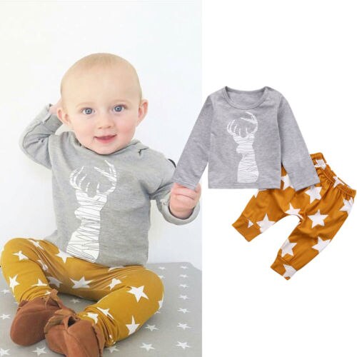 Spring Autumn baby boys clothes set Cute Newborn Baby Boys Kids Deer T-shirt Top+Long Pants Outfit Clothes Set - ebowsos