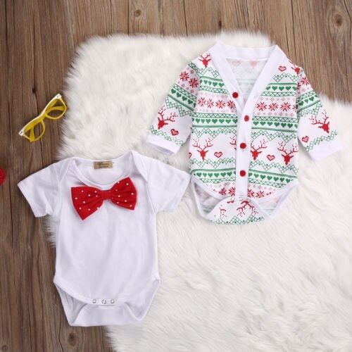 SpringXmas Autumn Newborn Baby Girl Boy Reindeer Snowflake Coat Romper Christmas 2pcs Outfits Set - ebowsos