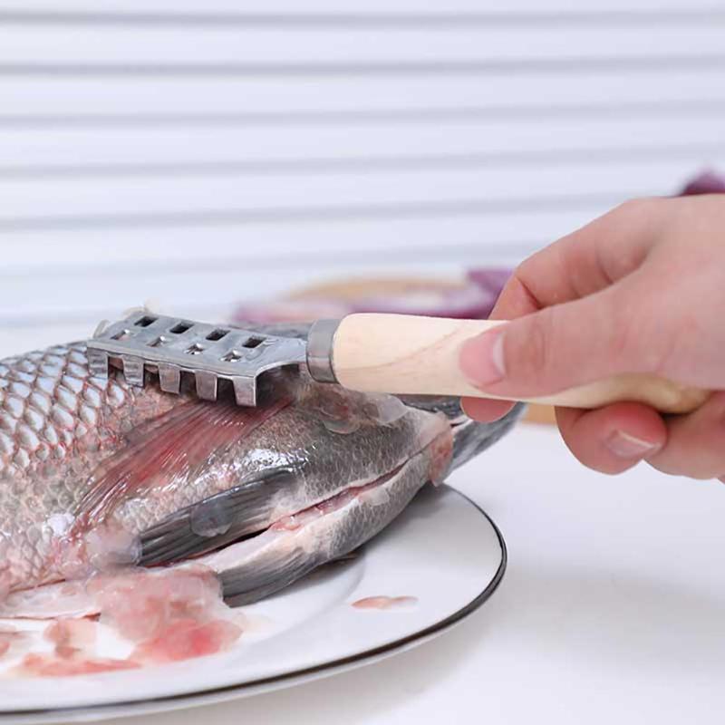 Stainless Steel Fish Scale Scraper Practical Seafood Scales Peeler Skin Remover with Wooden Handle Kitchen Gadgets - ebowsos