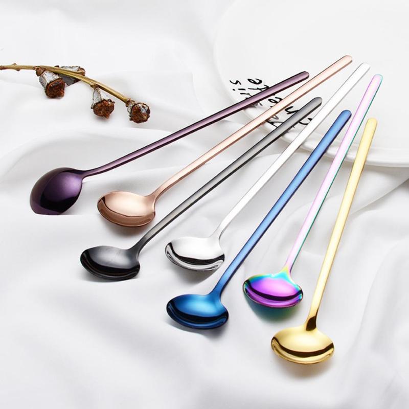 Stainless Steel Long Handle Spoon Delicate Coffee Tea Scoop Lightweight Ice Cream Dessert Teaspoon Kitchen Coffee Accessories - ebowsos