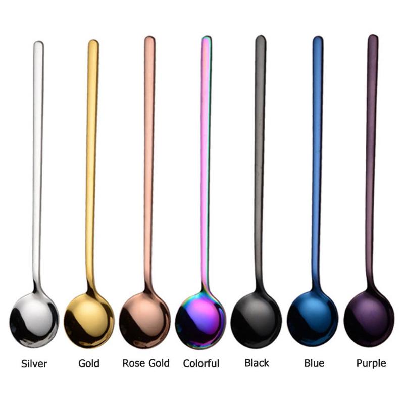 Stainless Steel Long Handle Spoon Delicate Coffee Tea Scoop Lightweight Ice Cream Dessert Teaspoon Kitchen Coffee Accessories - ebowsos