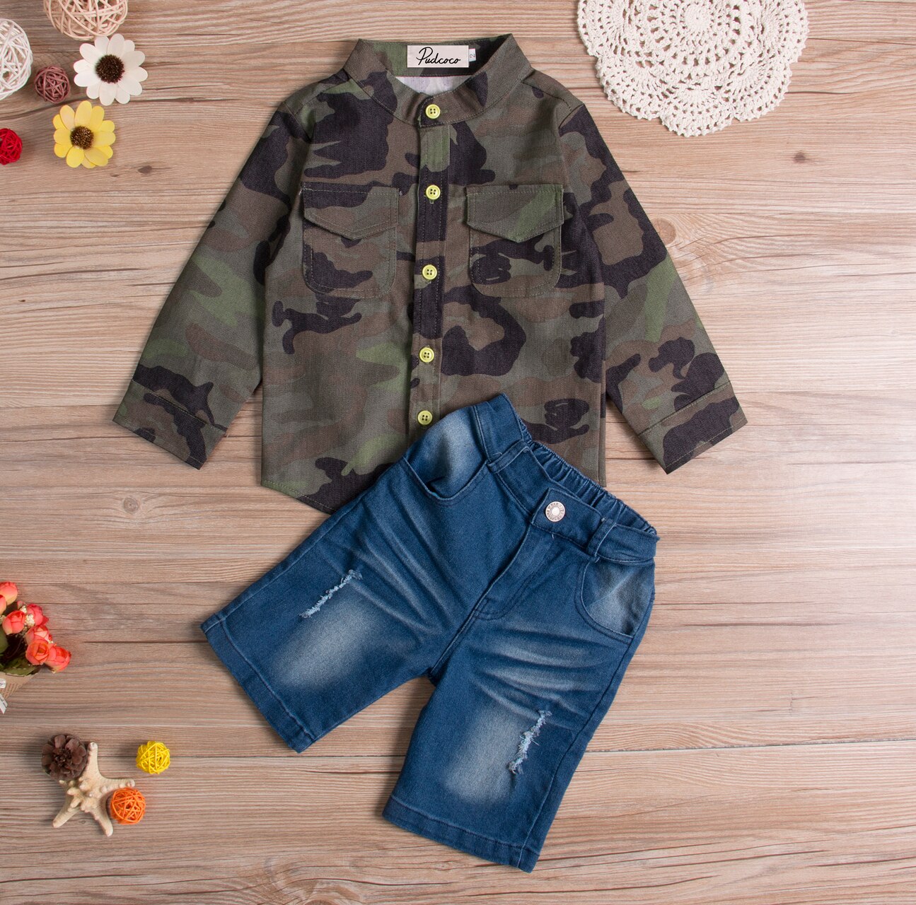 Stock Kids Baby Boy Camouflage Shirt Long Sleeve Tops+Jeans Denim Pants 2pcs Outfits Sets - ebowsos