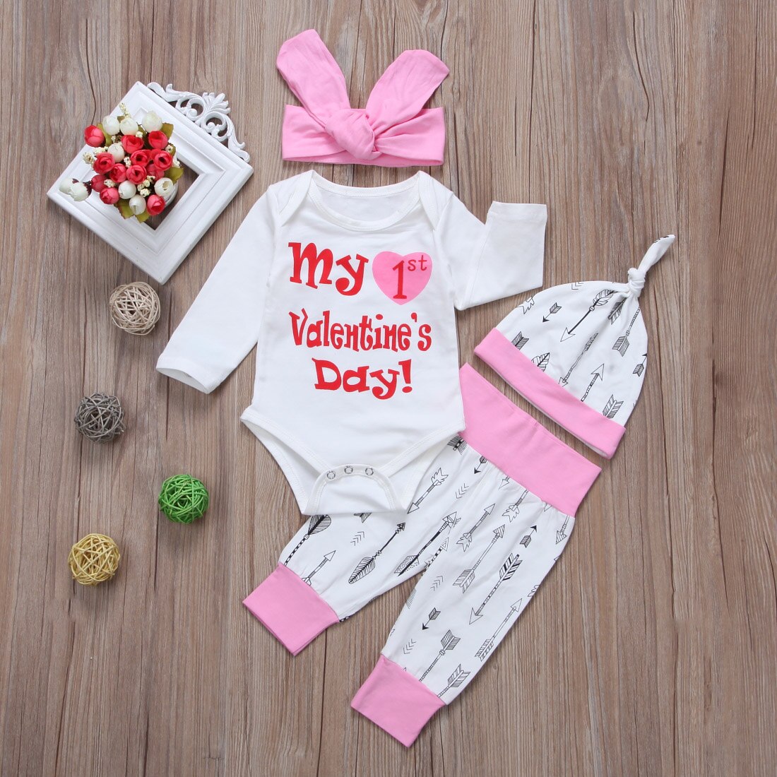 Stock Newborn Baby Girls Cotton Tops  Bodysuit Pants Outfits 4Pcs Set - ebowsos