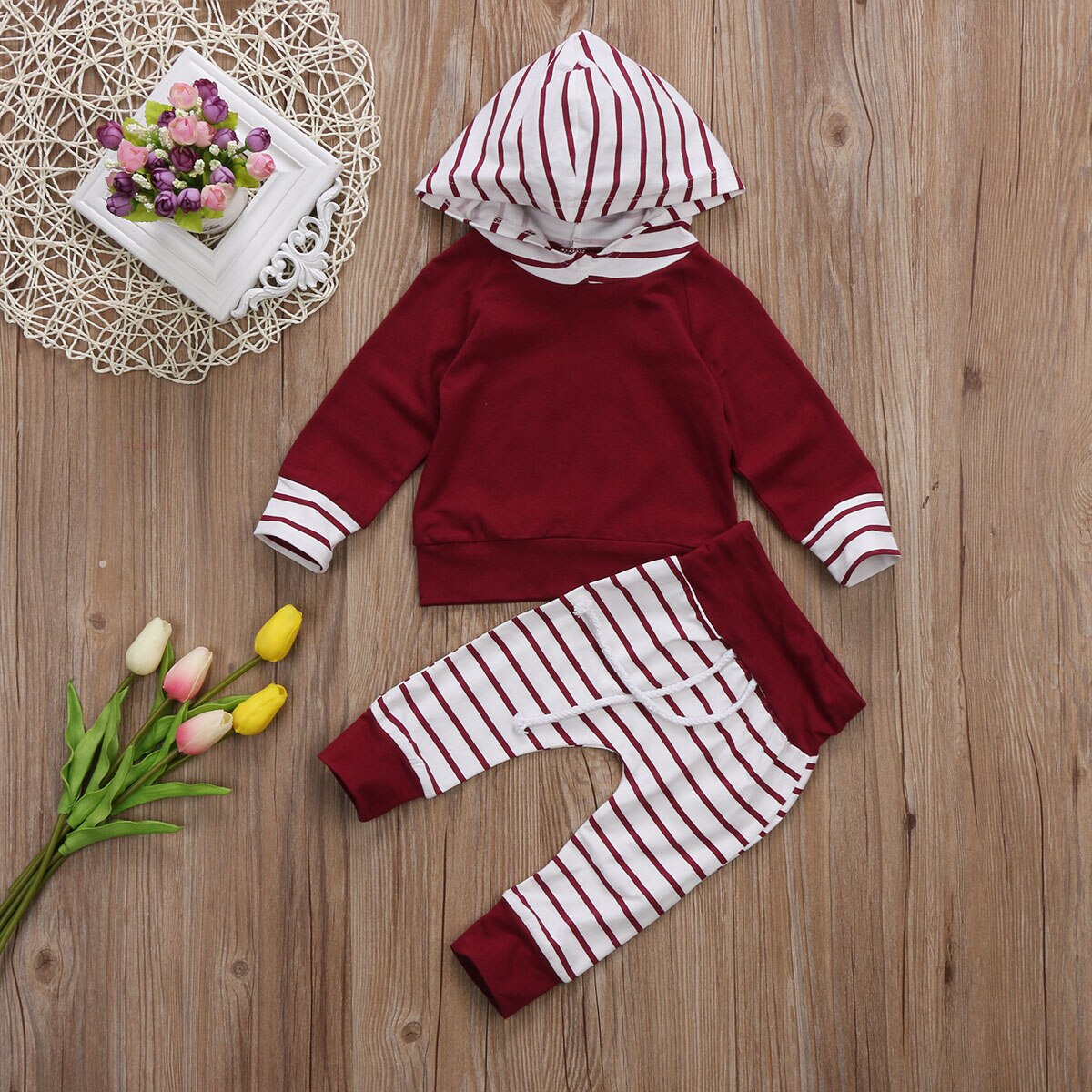 Striped Cotton Long Sleeve Baby Boy Girl Hoodie Hooded Top T-shirt+Pants Outfit Clothes Set - ebowsos