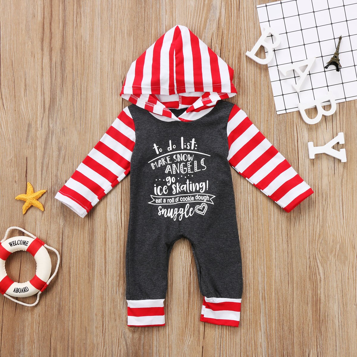 Striped Fashion Baby Girls Boys Romper Outfits Clothes Long Sleeve Cotton Hoodies - ebowsos