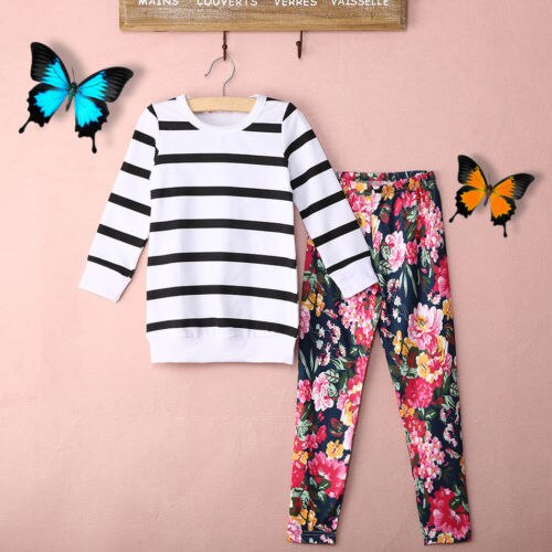 Striped Floral Baby Girls Clothing Sets Summer Outfits Clothes Striped Long Sleeve Cotton T-shirt Tops+ Floral Pants Kids Set - ebowsos