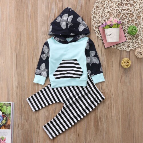 Striped Hoodie Fashion  Baby Girls Boys Clothing Sets Kids Hooded Tops Shirt+Long Pants Outfits Set Tracksuit - ebowsos