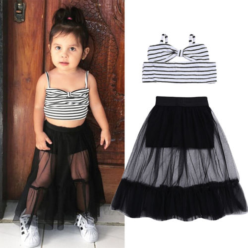 Striped Kids Baby Girls Set Off Shoulder Crop Sleeveless Tops+Shorts Skirt Summer 2Pcs Outfits Clothes - ebowsos