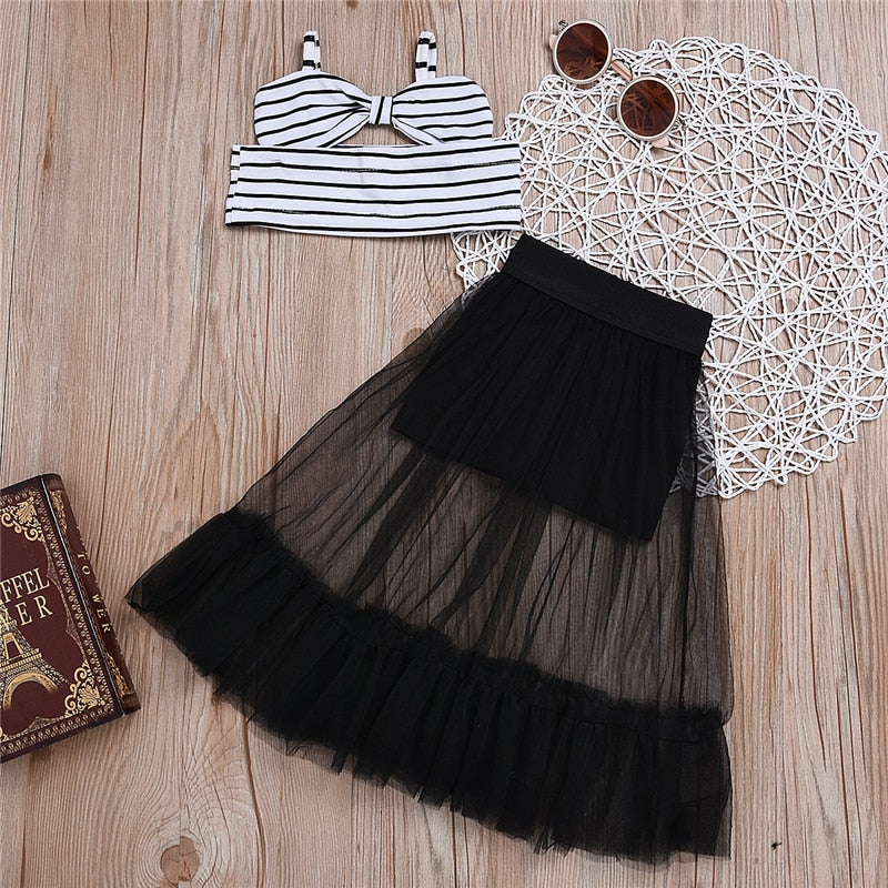 Striped Kids Baby Girls Set Off Shoulder Crop Sleeveless Tops+Shorts Skirt Summer 2Pcs Outfits Clothes - ebowsos