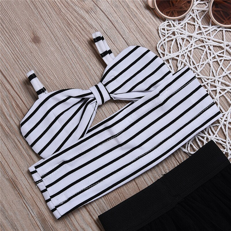 Striped Kids Baby Girls Set Off Shoulder Crop Sleeveless Tops+Shorts Skirt Summer 2Pcs Outfits Clothes - ebowsos