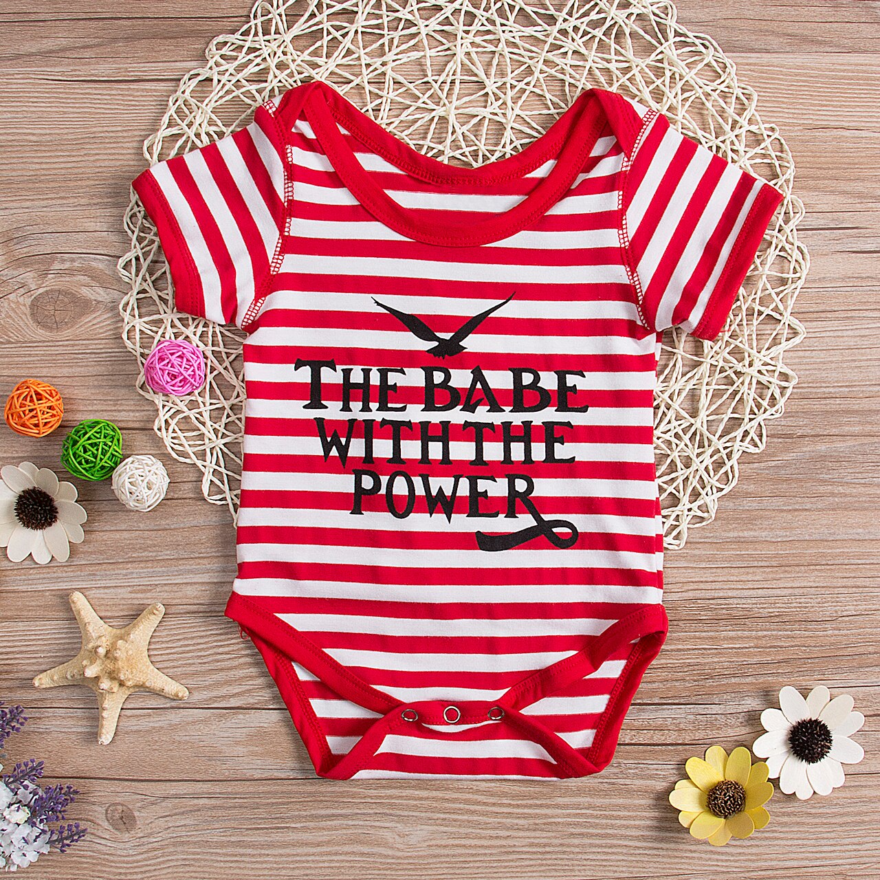 Striped Letter Infant Baby Boy Cotton Bodysuit the baby with the power Short Sleeve Bodysuit Clothes Outfits - ebowsos