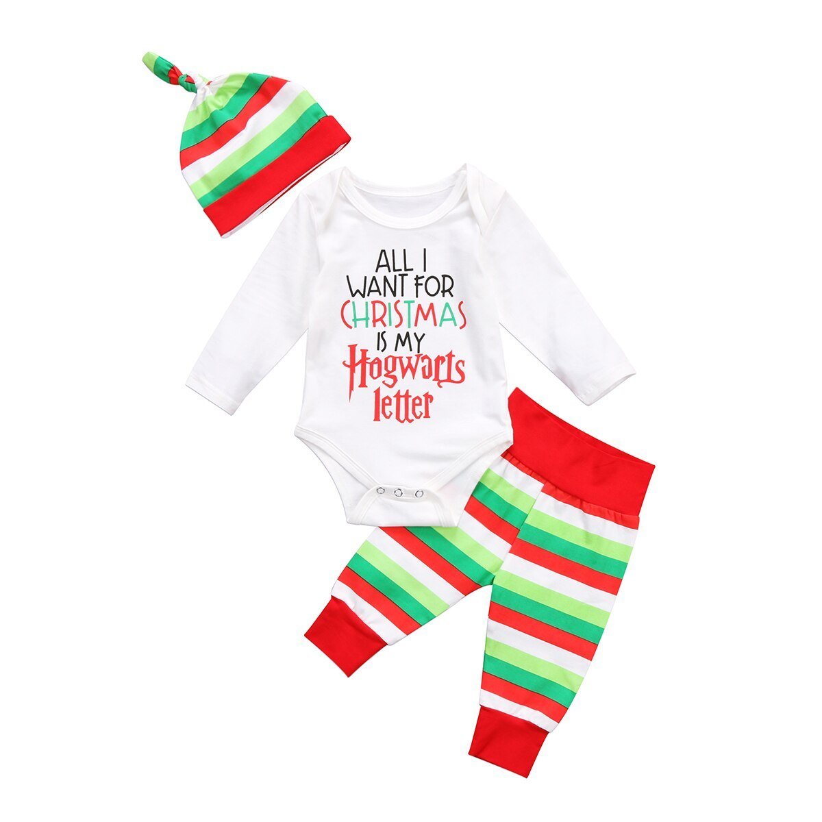 Striped Letter Infant Baby Boy Girl Christmas Cotton Romper Long Sleeve Jumpsuit+Pants Outfits Set Clothes - ebowsos