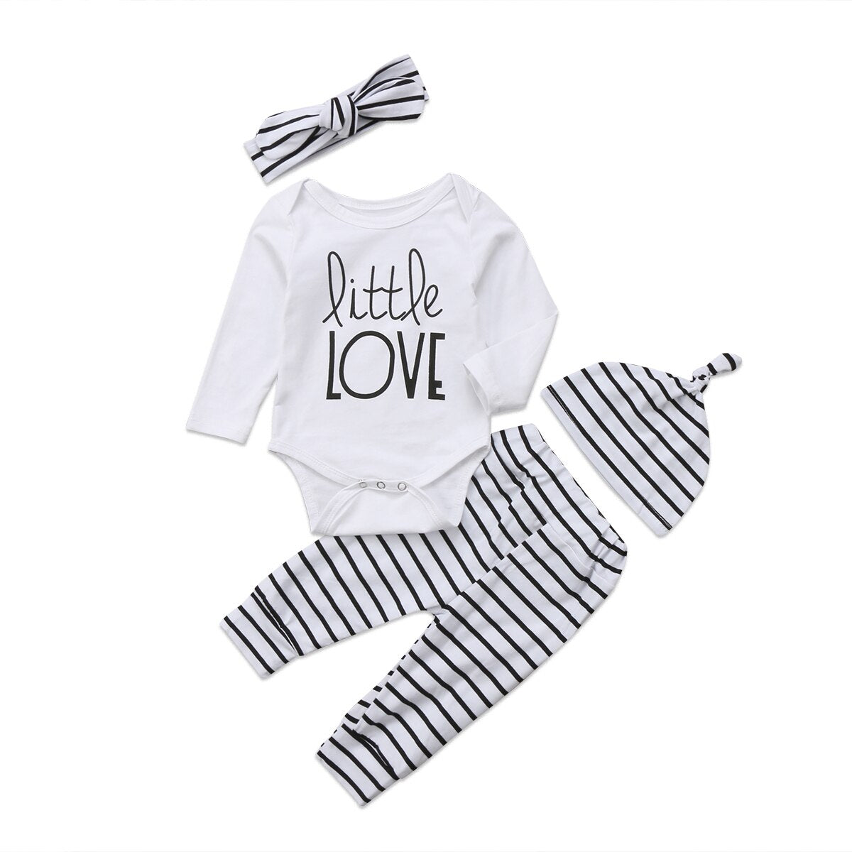 Striped Letter Newborn Infant Baby Kid Boy Girls Long Sleeve Tops Romper Long Pants Hat Headband Outfits Clothes - ebowsos