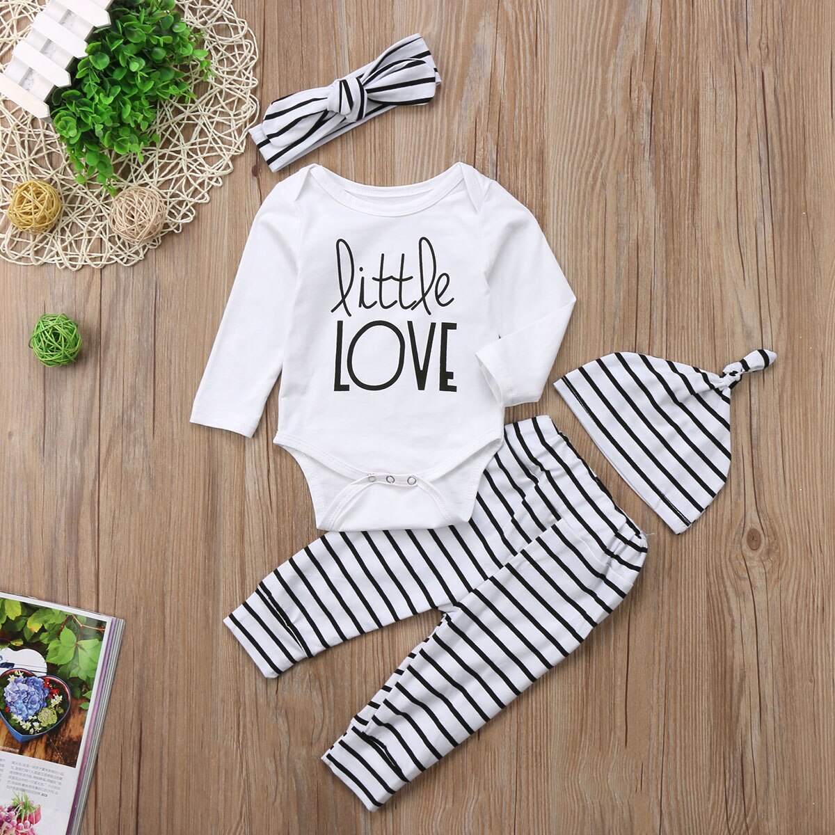 Striped Letter Newborn Infant Baby Kid Boy Girls Long Sleeve Tops Romper Long Pants Hat Headband Outfits Clothes - ebowsos