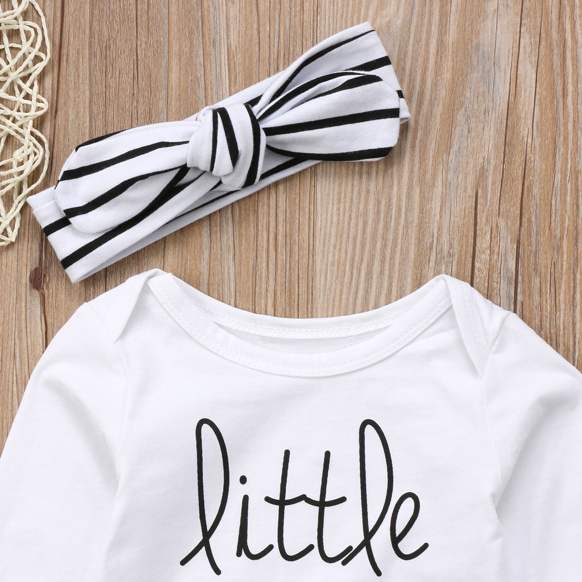 Striped Letter Newborn Infant Baby Kid Boy Girls Long Sleeve Tops Romper Long Pants Hat Headband Outfits Clothes - ebowsos