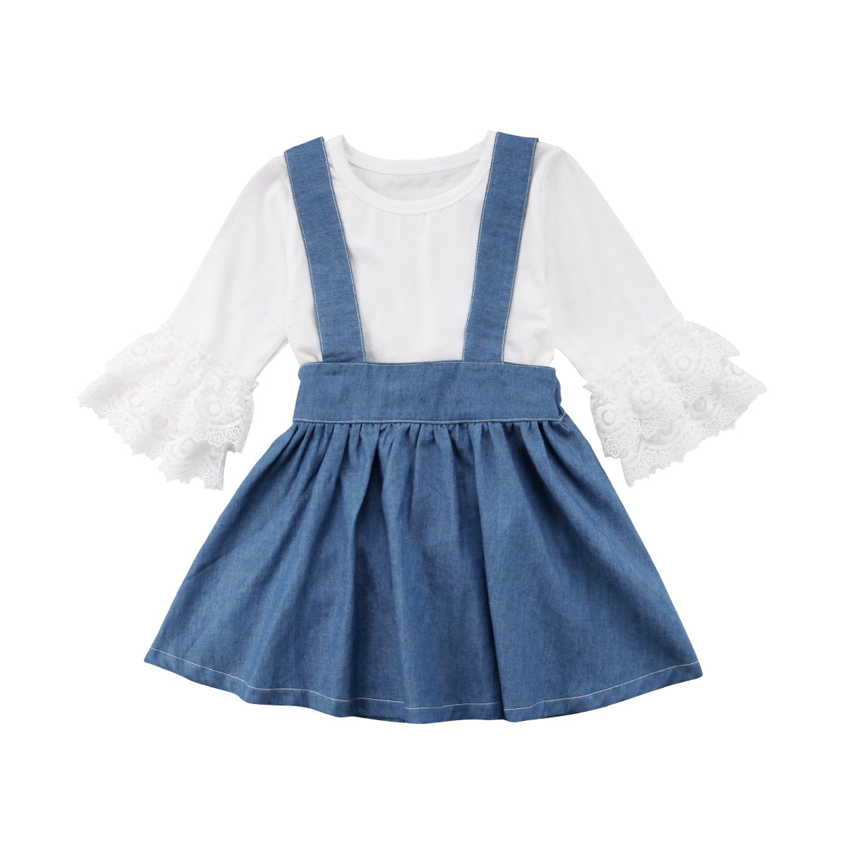 Stylish Toddler Baby Kid Girl Lace Tops T-shirt+Demin Strap Dress Skirts Outfits 2Pcs Clothes - ebowsos