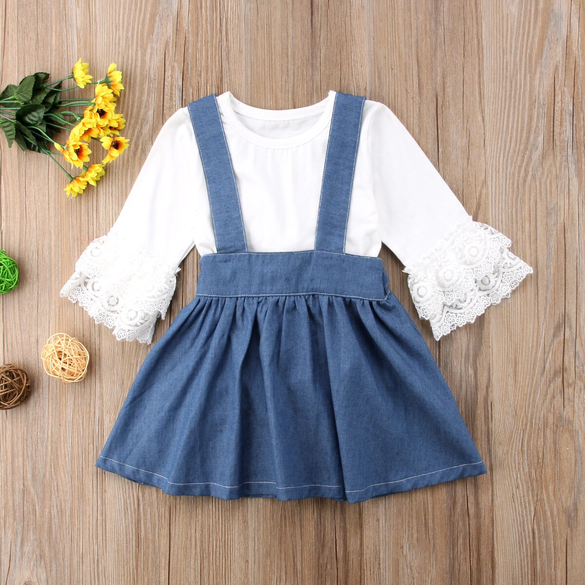 Stylish Toddler Baby Kid Girl Lace Tops T-shirt+Demin Strap Dress Skirts Outfits 2Pcs Clothes - ebowsos