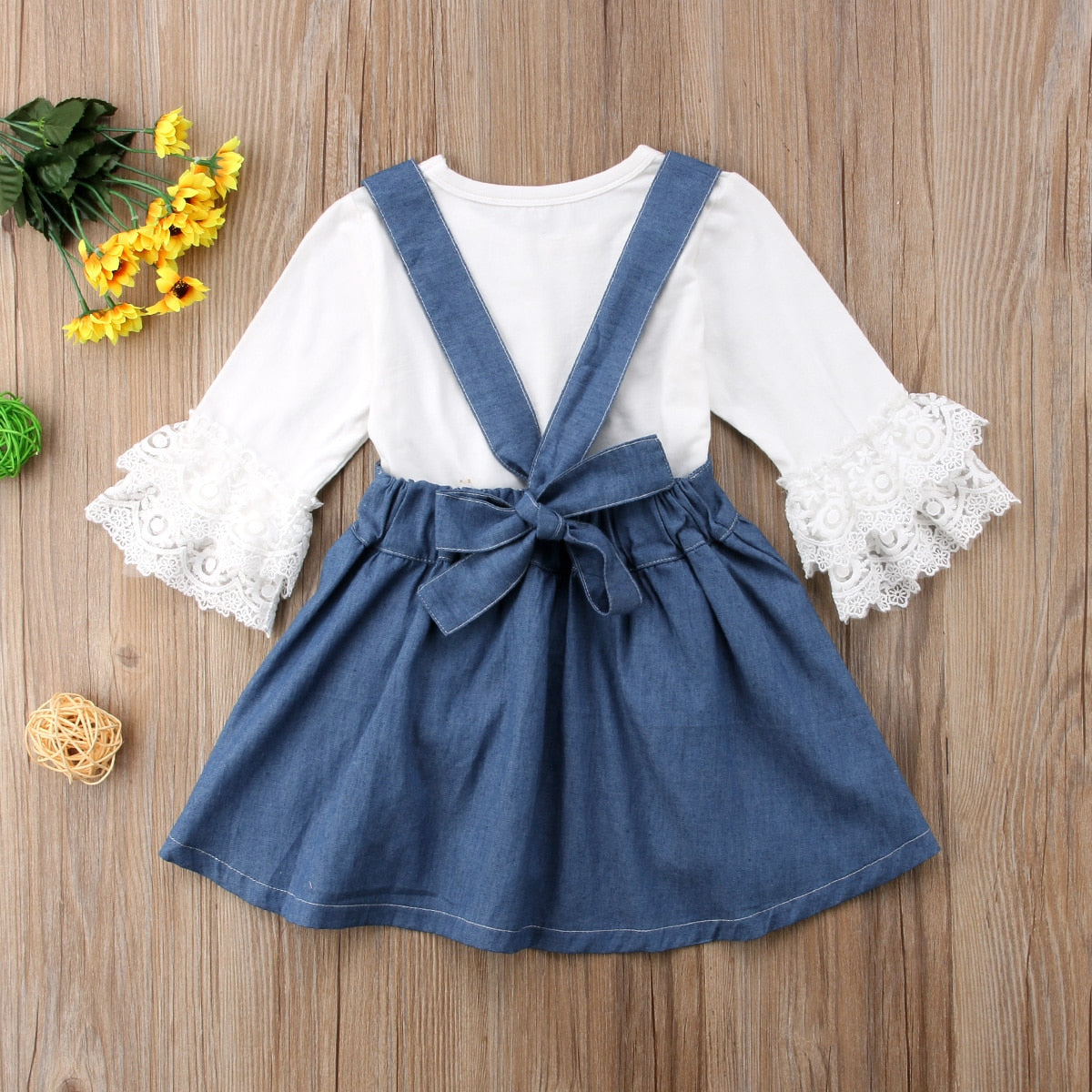 Stylish Toddler Baby Kid Girl Lace Tops T-shirt+Demin Strap Dress Skirts Outfits 2Pcs Clothes - ebowsos