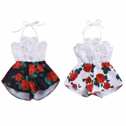 Summer 0-3Y Infant Baby Girl Romper Sleeveless Belt Lace Flowers Print Jumpsuit Sunsuit Outfits Clothes - ebowsos