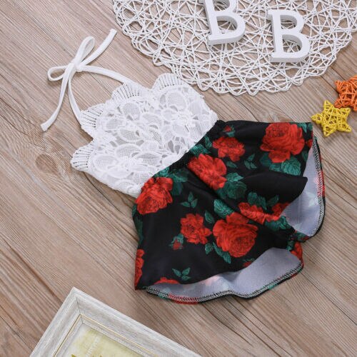 Summer 0-3Y Infant Baby Girl Romper Sleeveless Belt Lace Flowers Print Jumpsuit Sunsuit Outfits Clothes - ebowsos