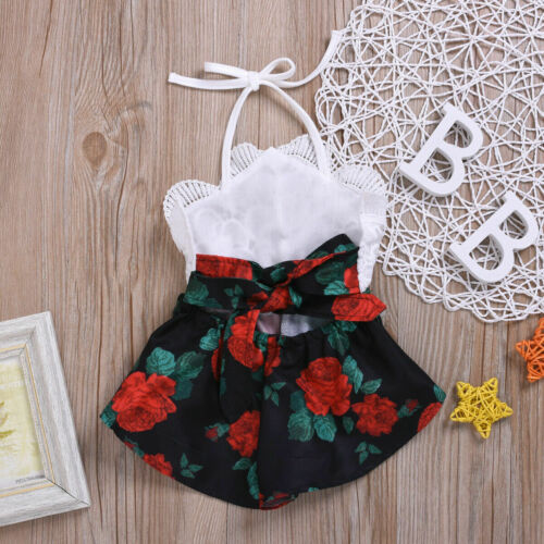 Summer 0-3Y Infant Baby Girl Romper Sleeveless Belt Lace Flowers Print Jumpsuit Sunsuit Outfits Clothes - ebowsos